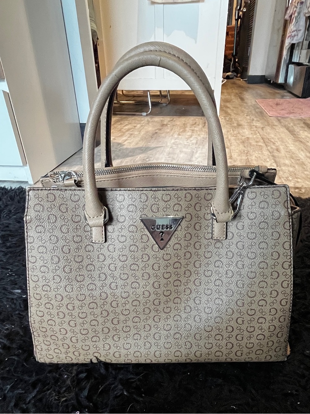 GUESS Taupe Monogram Logo Satchel